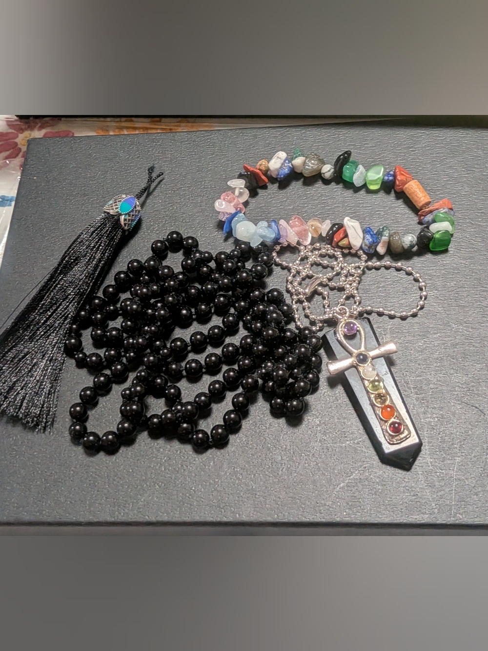 4pc Spiritual Set | Ankh Chakra Pendant, Gemstone Chip Bracelet & Mala Beads
